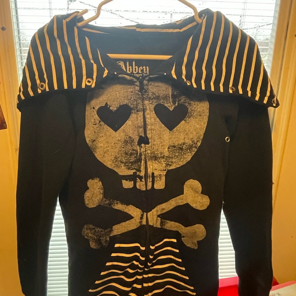 ⋆˙⟡♡⟡⋆˙ Abbey Dawn zip-up jacket with skull and stripe accents ⋆˙⟡♡⟡⋆˙